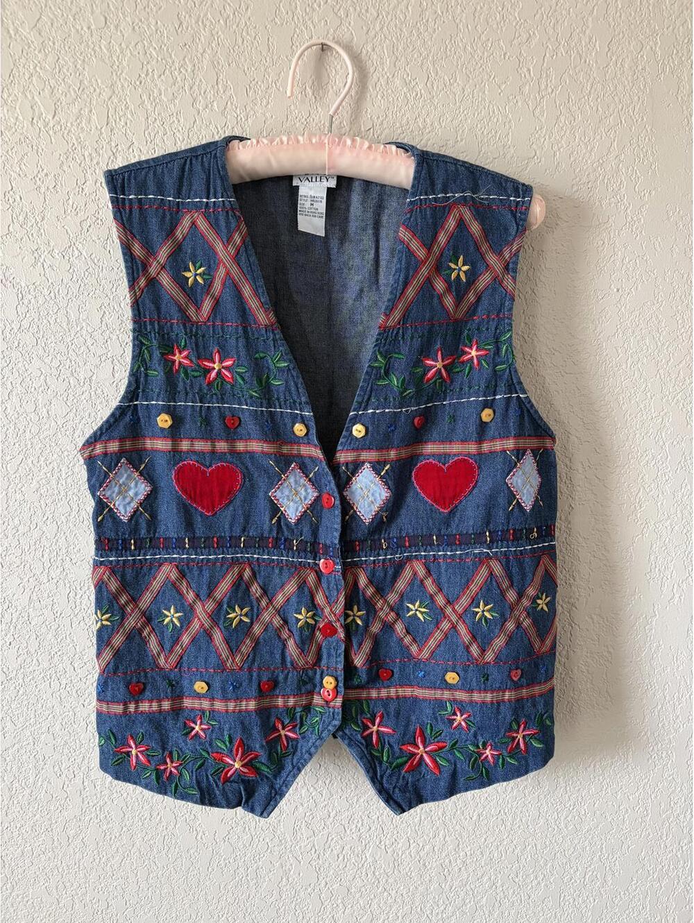 Vtg Denim Vest Embroidered 90s Button Plaid Heart Cotton Medium